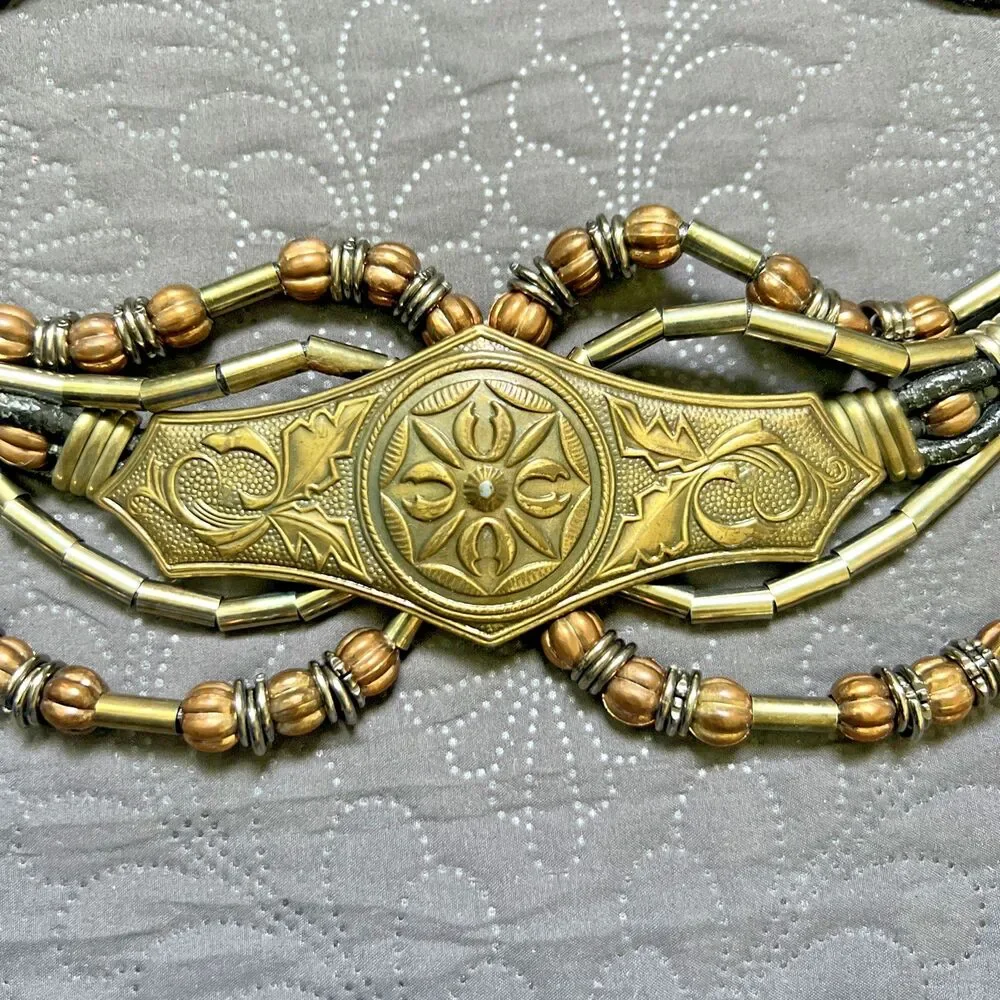 Vintage Boho Multi Strand Leather Belt Bronze Beaded Statement Festival Waist